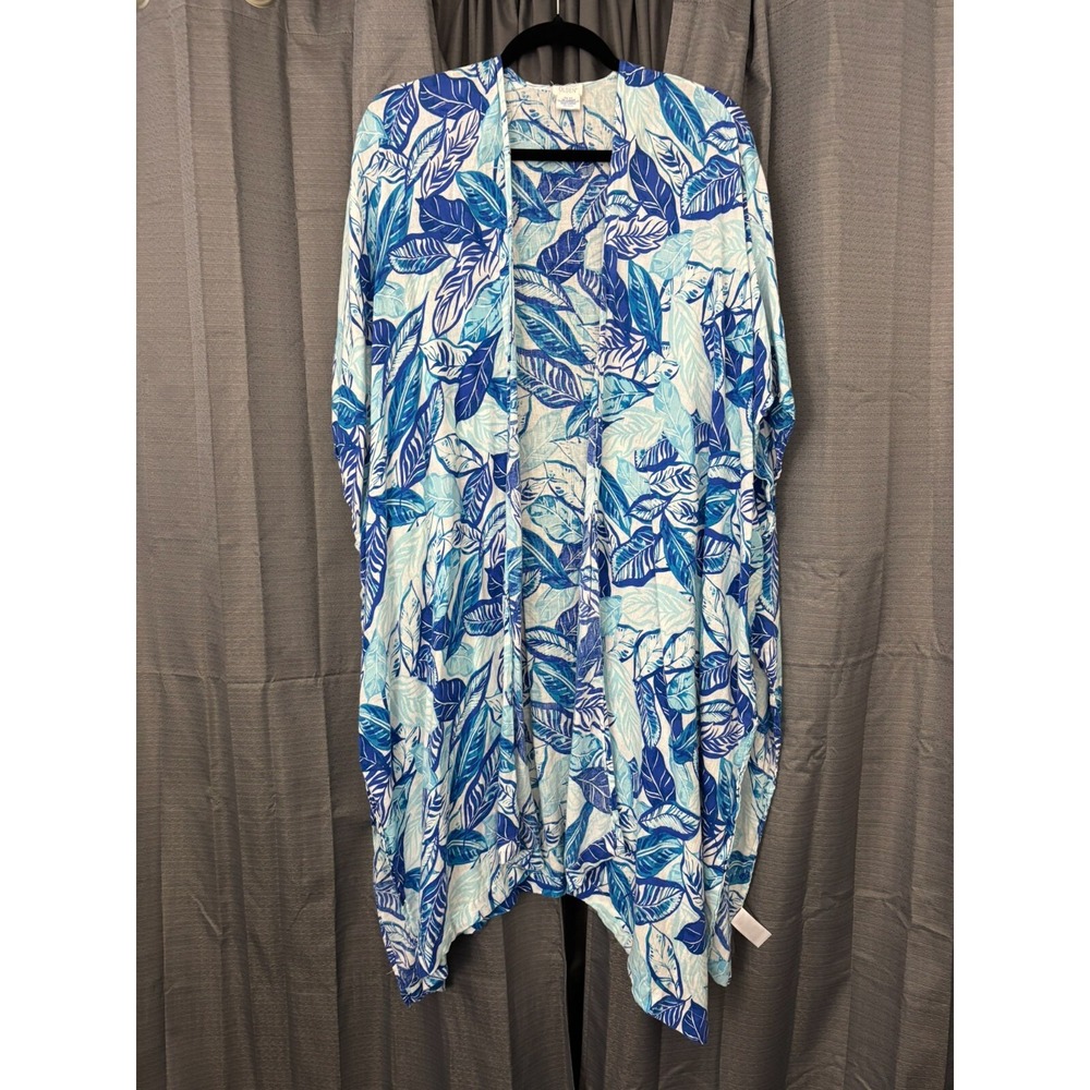 Sigrid Olsen Linen Blend Open‎ Front Long Cardigan Womens OS Blue Floral Beachy